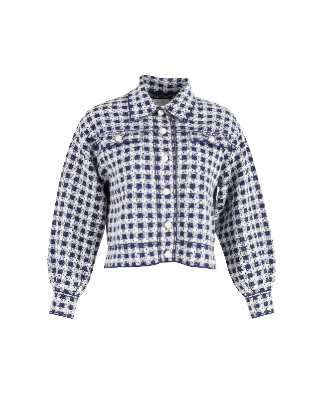 Deal Mania Sandro Jayce Checked Tweed Cropped Jacket in Blue and White Cotton