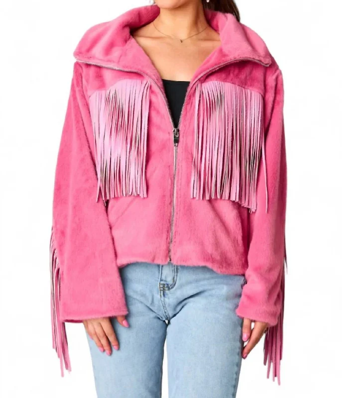 Referral Discount Skylar Fringe Faux Fur Jacket In Hot Pink