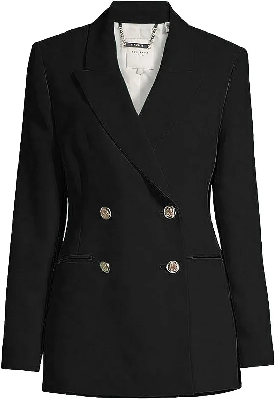 Bonus Savings Ted Baker Women Solid Black Llayla Double Breasted Embossed Button Blazer Jacket