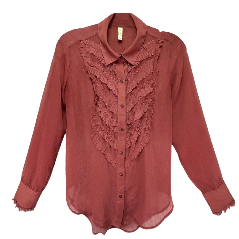 Steals and Deals Sheer Ruffle Blouse By Free People In Pink, Size: S