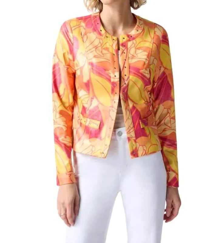 Tropical Print Faux Leather Jacket In Orange Tropical