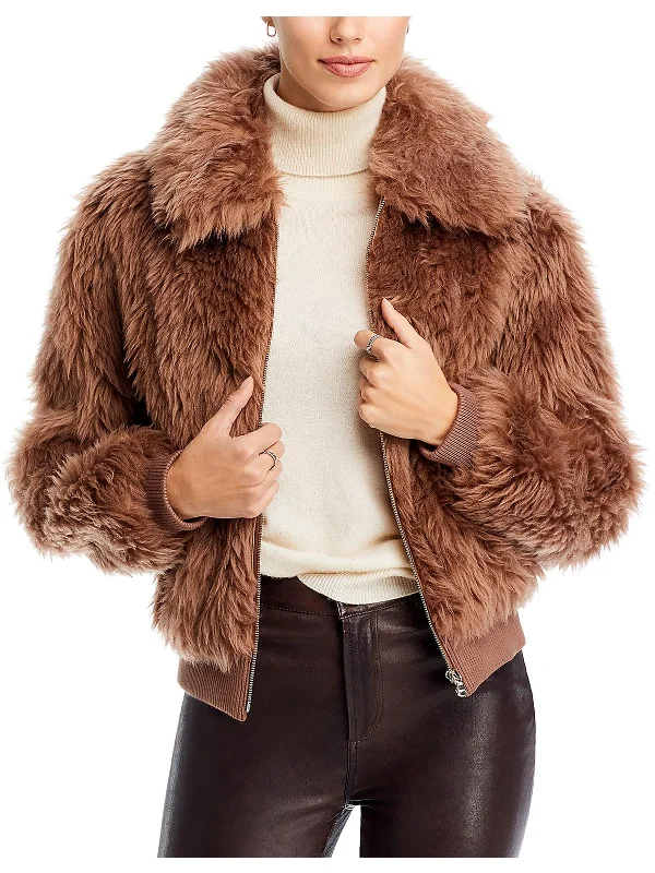 Womens Faux Fur Long Sleeves Bomber Jacket