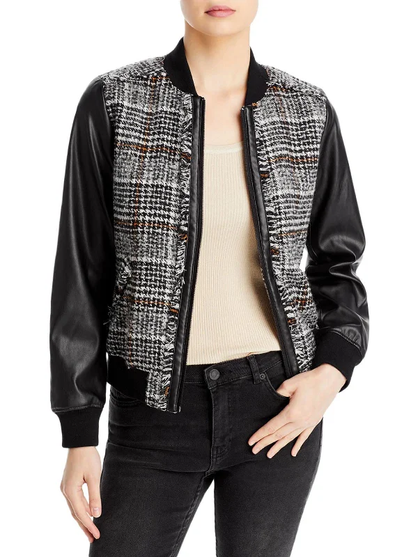 Womens Tweed Faux Leather Bomber Jacket