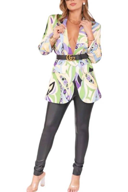 Bonus Savings Wow Abstract Blazer With Belt In Purple Multi