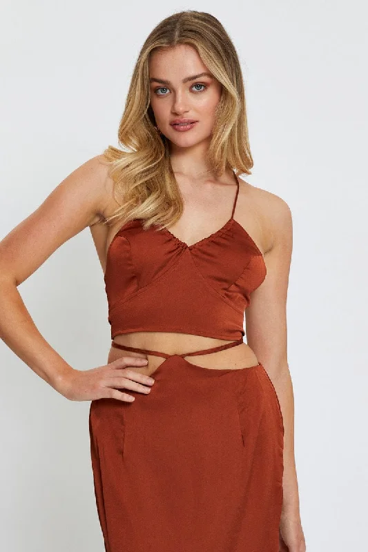Flash Deals Brown Cami Top Halter Satin