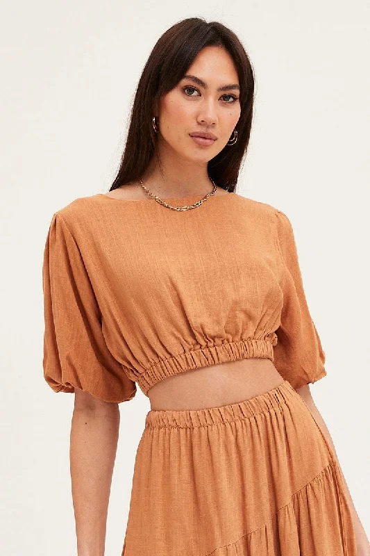 Steals and Deals Beige Crop Top Puff Sleeve