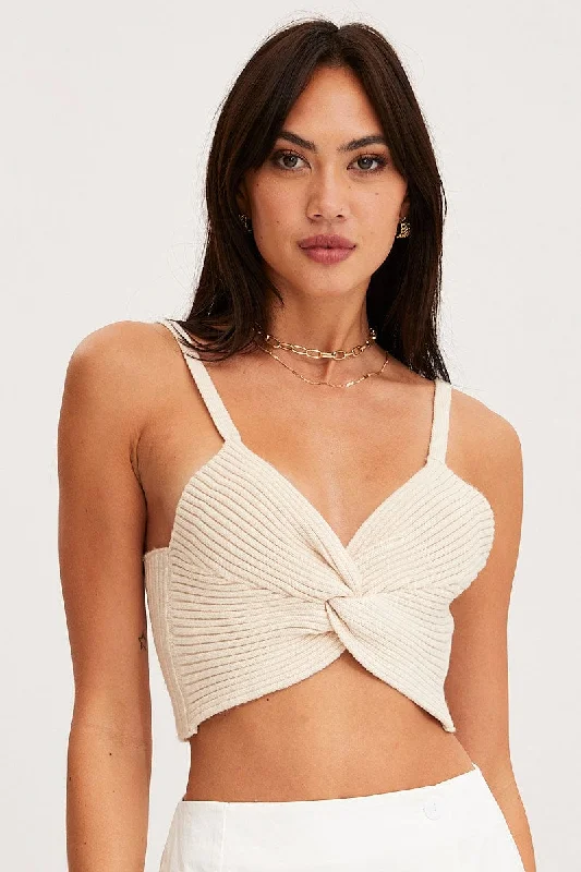 Sale Event Beige Knit Top Sleeveless Crop Cross Over