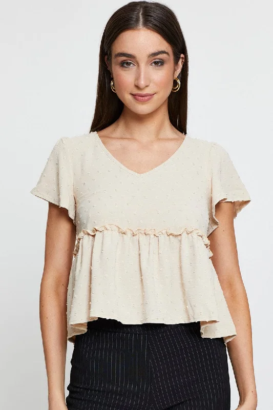 Price Rollback Beige Peplum Top Short Sleeve Button Front