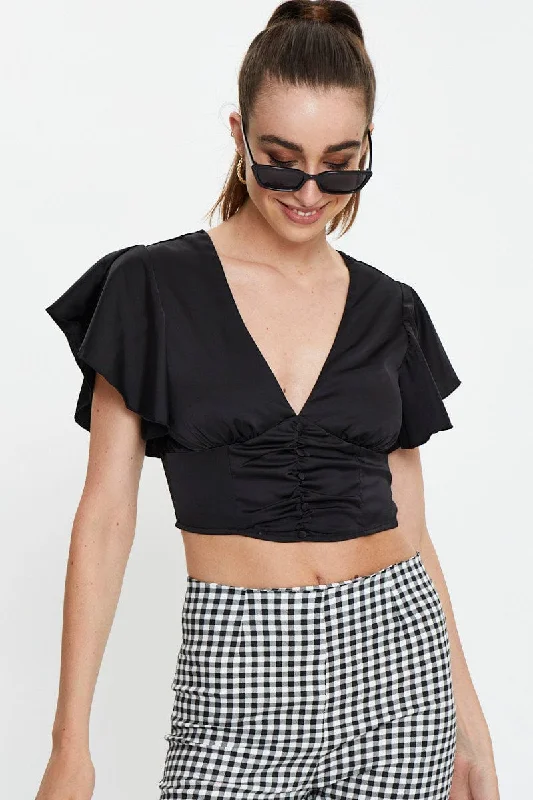 Sneak Peek Sale Black Button Front Satin Crop Top