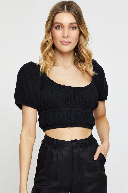 Closeout Black Crop Top Short Sleeve Gathered Bust