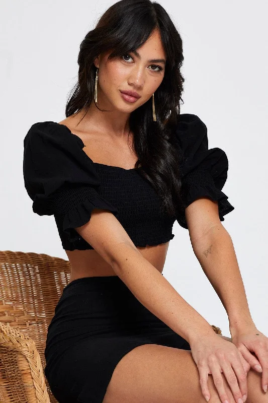 Markdowns Black Crop Top Short Sleeve Round Neck