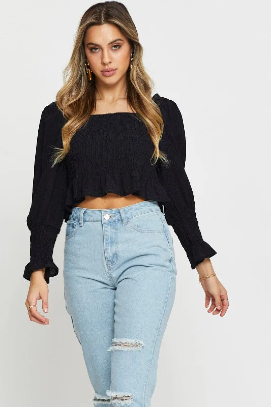 Don't Miss Black Peasant Blouse Long Sleeve Crop
