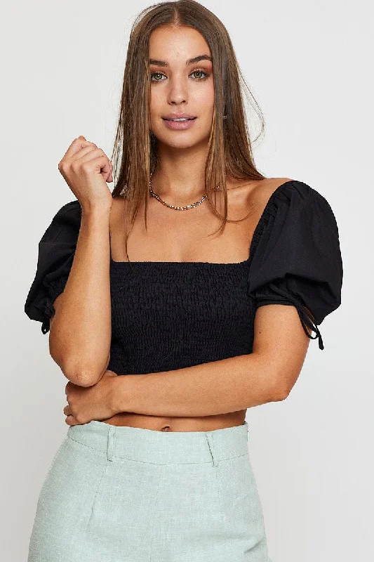 Act Now Black Puff Sleeve Top Short Sleeve Crop