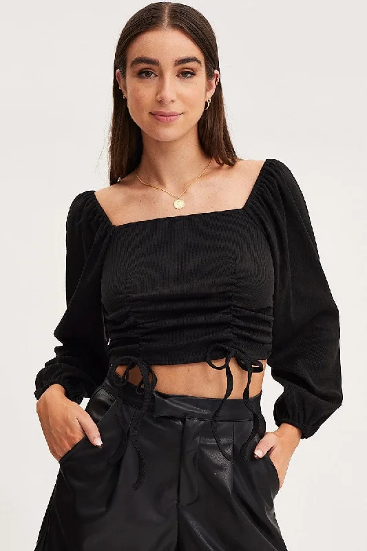 Black Ruched Crop Top Long Sleeve