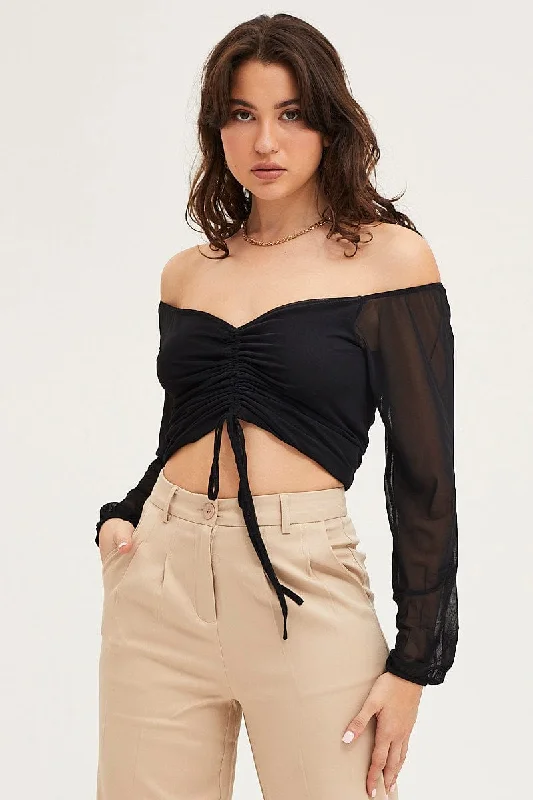 Closeout Sale Black Ruched Top Long Sleeve Mesh