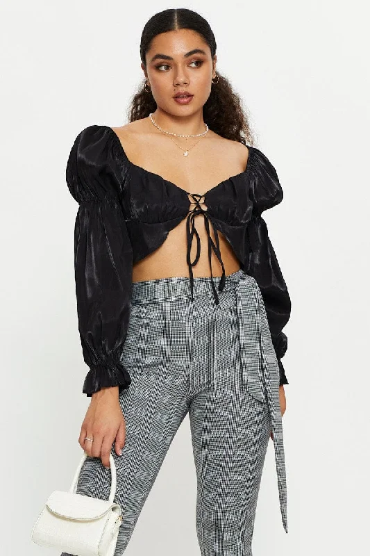 New Markdowns Black Satin Gathered Sleeve Top