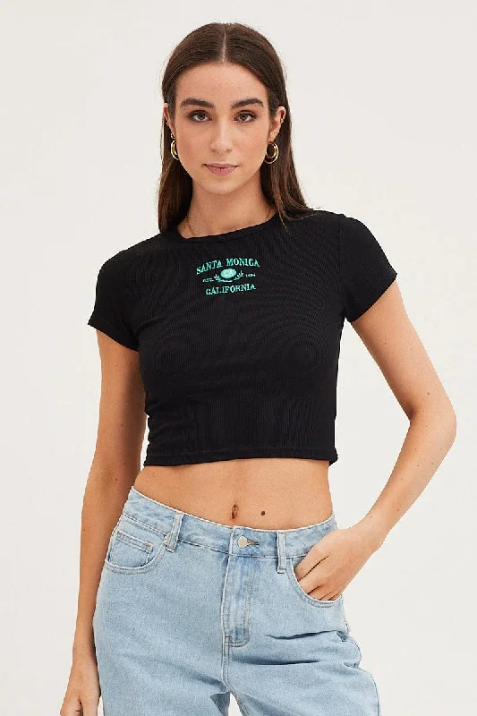 Black Top Short Sleeve Embroided