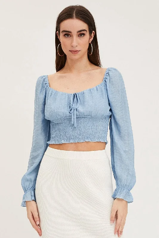 Exclusive Offers Blue Crop Top Long Sleeve