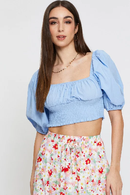 Mega Sale Blue Crop Top Short Sleeve Shirred Waist