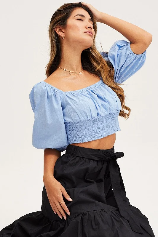 Must-Have Deals Blue Crop Top Short Sleeve Square Neck