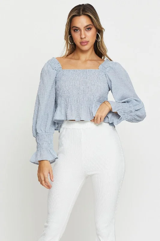 Discount Mania Blue Peasant Blouse Long Sleeve Crop