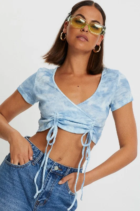 Blue Tie Dye Drawstring Ruched Top