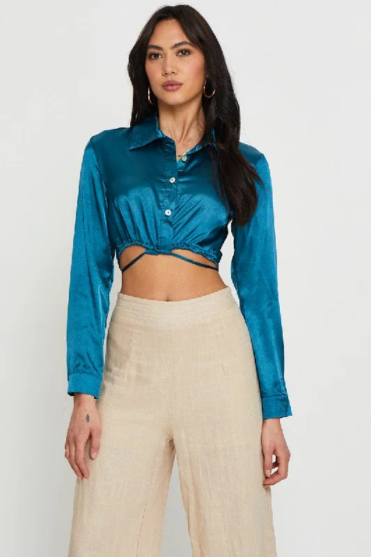 Super Sale Blue Wrap Blouse Long Sleeve Collared Satin