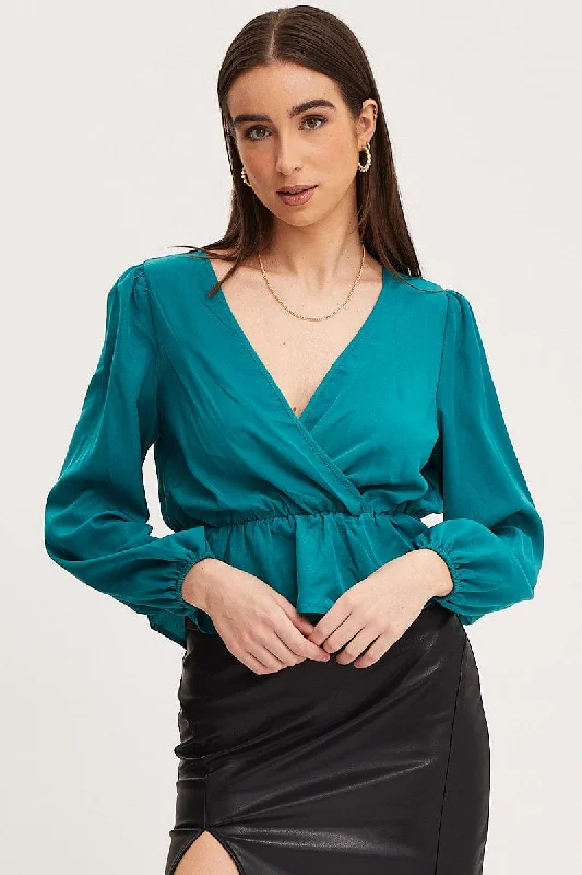 Season Finale Sale Blue Wrap Front Top Long Sleeve