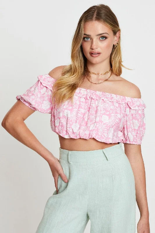 Unbeatable Prices Boho Print Crop Top Short Sleeve Off Shoulder