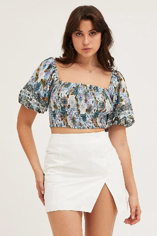 Lowest Prices Boho Print Rayon Half Sleeve Shirred Cropped Top