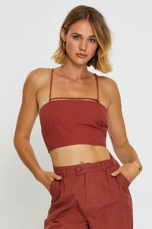 Clearance Items Brown Crop Top Linen Blend