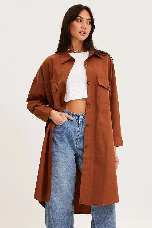 Instant Savings Brown Oversized Shirts Long Sleeve Collared