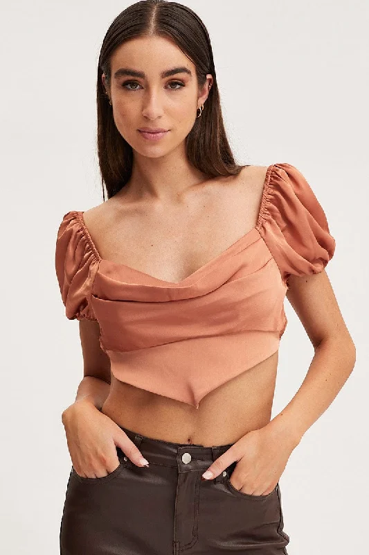 Deep Discounts Brown Scarf Top Short Sleeve Crop