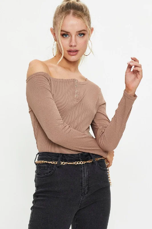Overstock Brown Snap Button Off Shoulder Knit