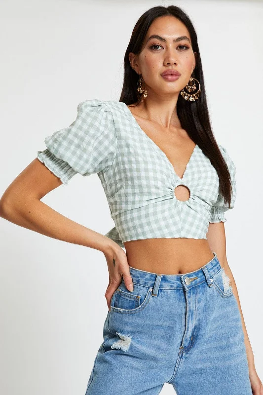 Fantastic Offers Check Crop Top Short Sleeve Square Neck