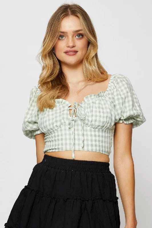Super Deal Check Crop Top Short Sleeve Tie Up