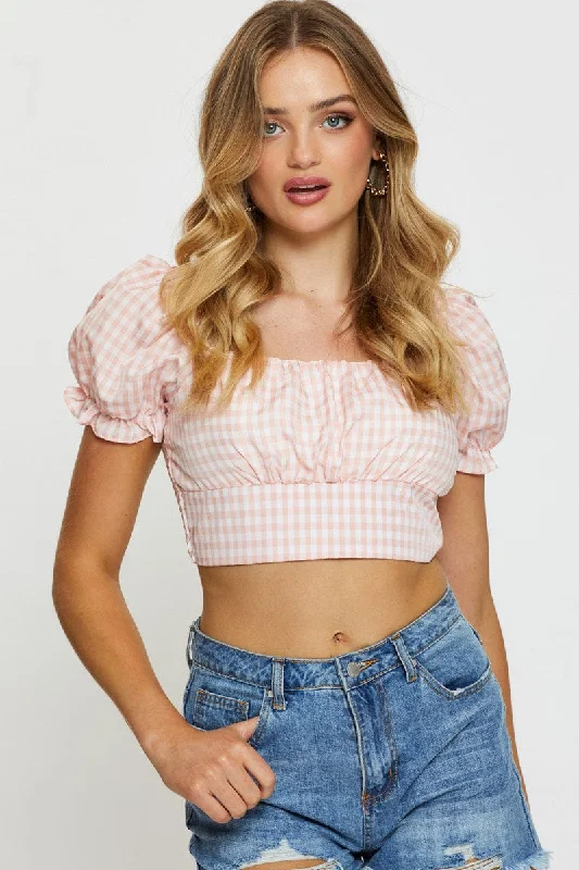 Doorbuster Deal Check Crop Top Short Sleeve