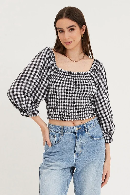 Discount Extravaganza Check Shirred Top Three-Quarter Crop