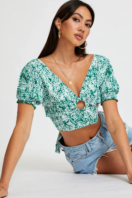 Extra Savings Ditsy Print Crop Top Short Sleeve Tie Up