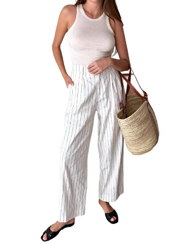 Buy Now Essential Pleated Pant In Ivory Charcoal Stripe