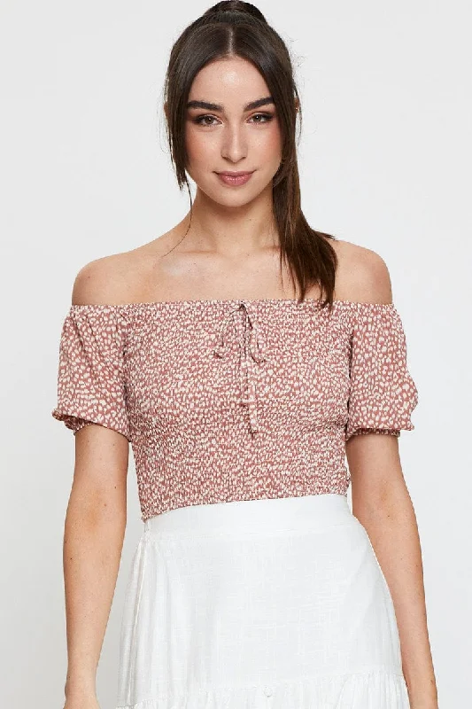 Act Now Geo Print Puff Sleeve Top Short Sleeve Crop Off Shoulder
