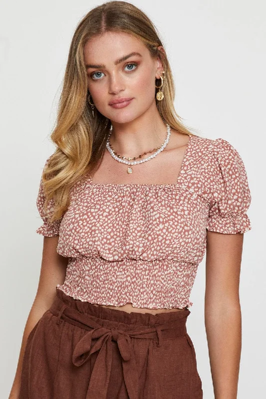 Limited Time Offer Geo Print Puff Sleeve Top Short Sleeve Crop
