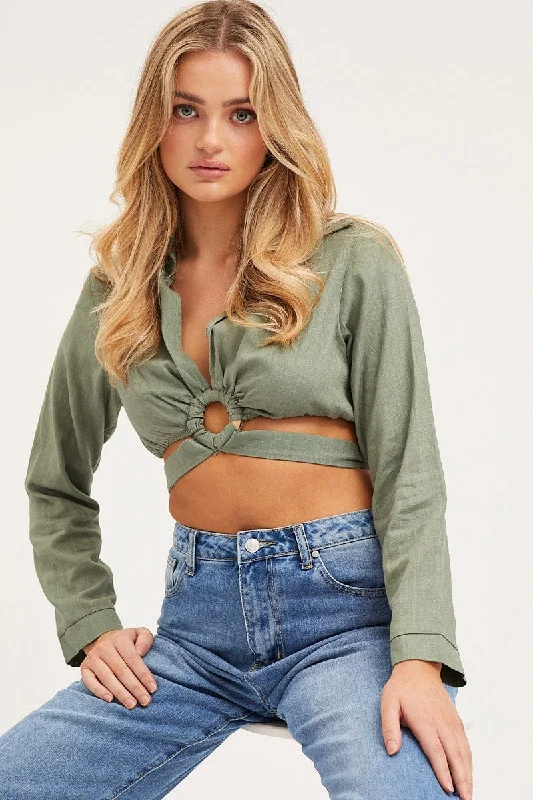 Deal Explosion Green Bell Sleeve Top Long Sleeve Crop