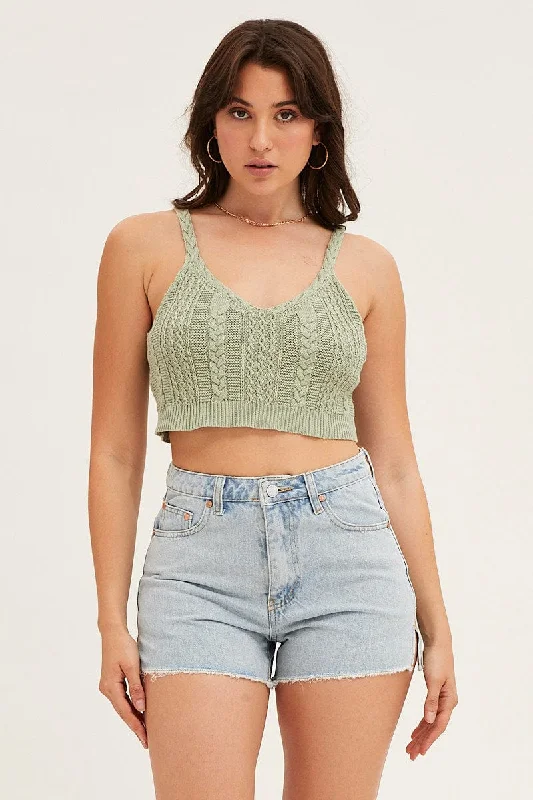 Major Savings Green Cable Crop Knit Top