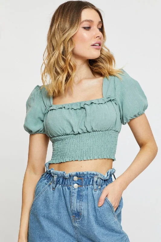 Huge Savings Green Crop Blouse Short Sleeve
