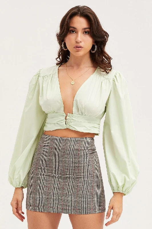 Overstock Sale Green Crop Top Long Sleeve