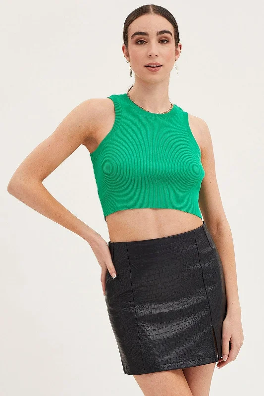 Savings Event Green Knit Top Sleeveless Crop