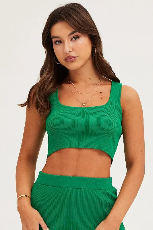 Low Prices Green Knit Top Sleeveless Crop Square Neck