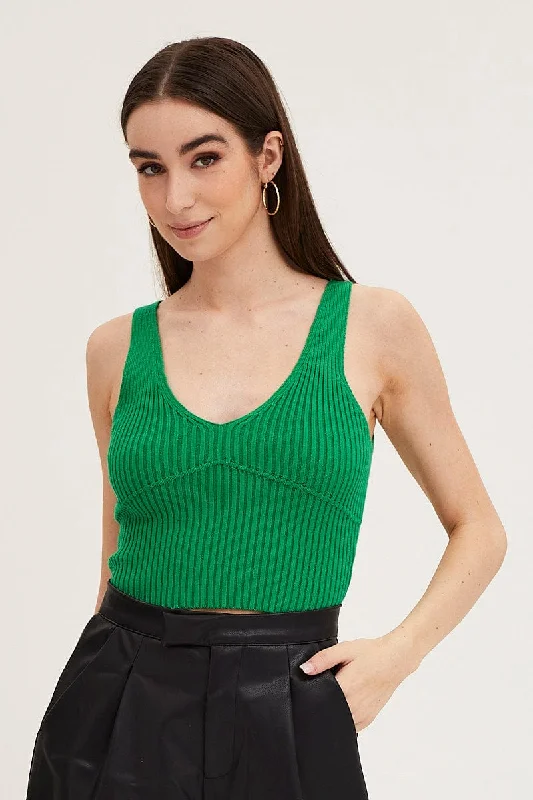 Crazy Deals Green Knit Top Sleeveless Crop V-Neck