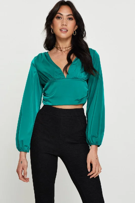 Now or Never Green Long Sleeve Ruched Top